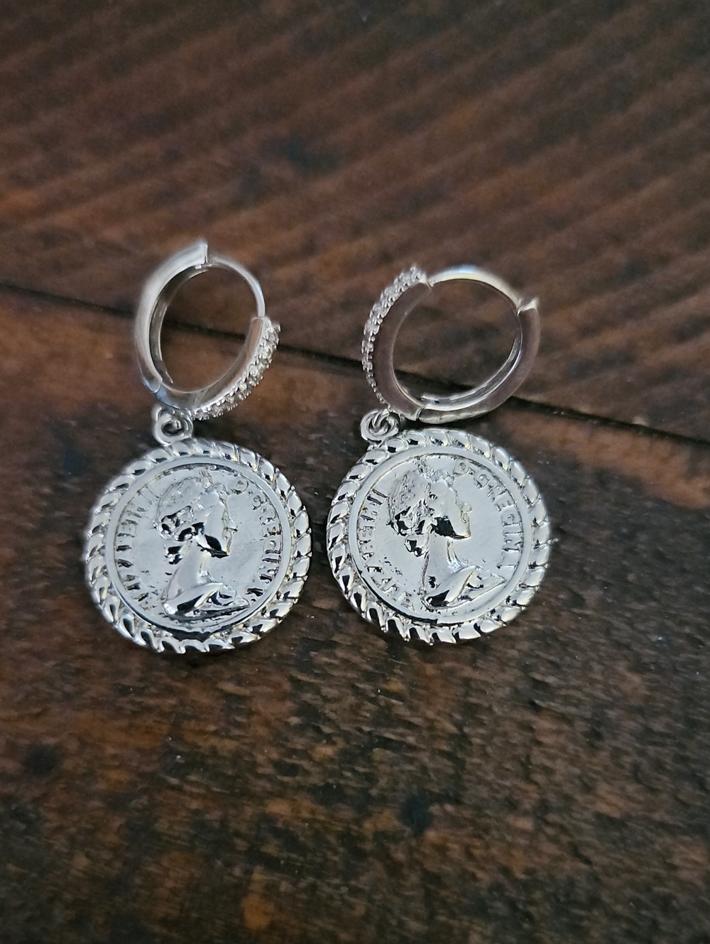 Silver tone Coin Drop Hoop Earrings - Women Jewelry